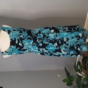 SI Collection Back Zip Tie Waist Lined Black With Blue Floral Midi Dress-Size 8